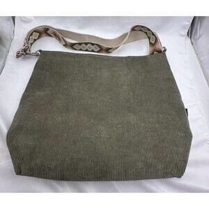 Women’s Corduroy Tote Bag Prite Olive Green zippered Boho hippie woven strap